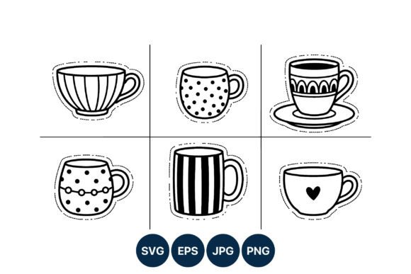 Black and White Coffee Cup Line Art Set