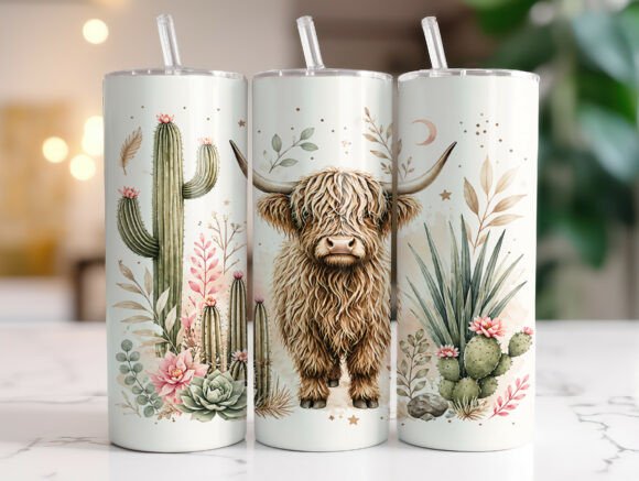Boho Highland Cow Cactus Tumbler Wrap