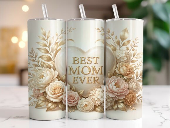 Elegant Floral Best Mom Ever Tumbler PNG