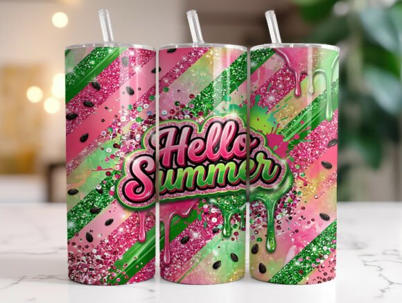 Hello Summer Watermelon Glitter Tumbler