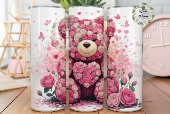 Pink Rose Bear Floral 20oz Tumbler Wrap