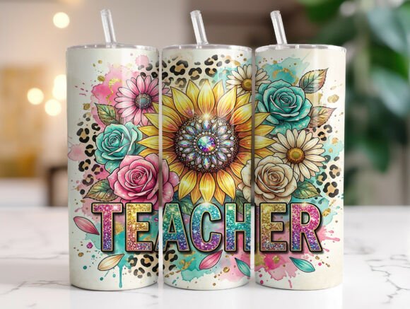 Sunflower Teacher Leopard Floral Tumbler