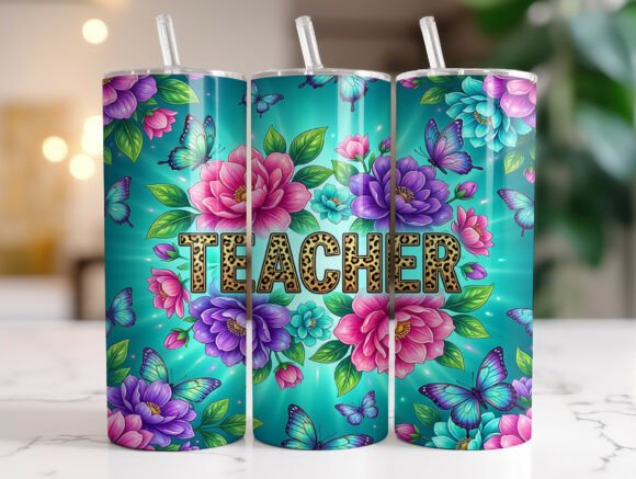 Teal Floral Teacher Leopard Tumbler Wrap