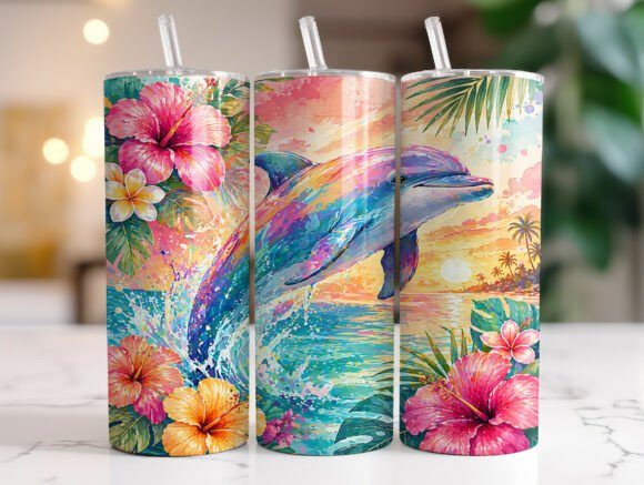 Tropical Dolphin Floral Tumbler Wrap PNG